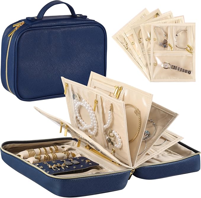 Travel Jewelry Organizer Case for Women, Blue | 5 Zipper Pouches, For Necklaces, For Earrings, For Rings, For Bracelets