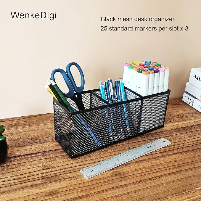 2-Pack Metal Mesh Pencil Holder, Spacious 3-Compartment Desk Organizer for Pens, Makeup Brushes, Utensils, Desktop Storage for Home, Office, School, Kitchen, 10.43x3.35x4.04 Inch, Black