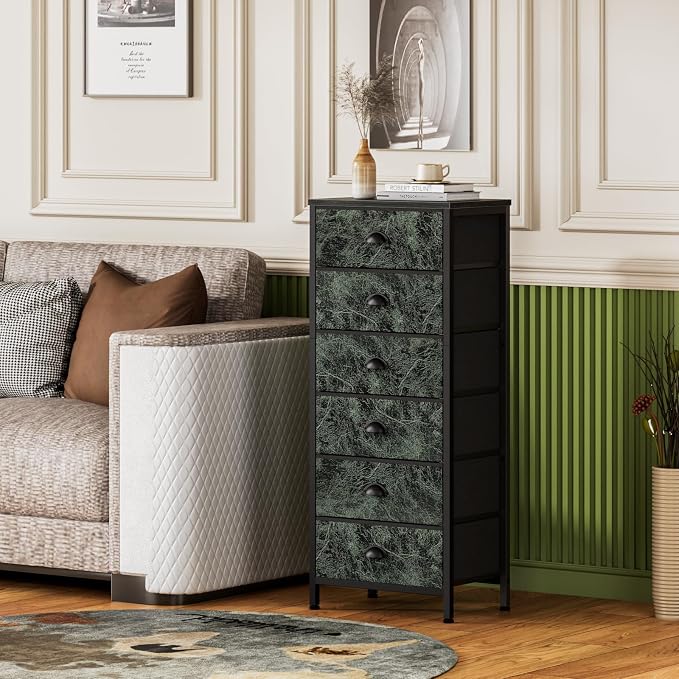 Furnulem Dresser for Bedroom, 6 Drawer Tall Storage Tower Unit and Chest | Vintage Green Fabric Drawer Organizer in Dorm, Vertical Tall Nightstand Furniture in Living Room,Closet, Metal Frame,Wood Top
