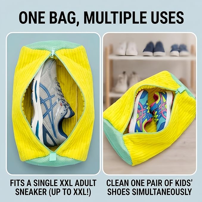2 Pack Shoe Washing Machine Bag, Works for Washer & Dryer, Reusable Laundry Bag with Self-Locking Zipper, 360° Deep Cleaning for Sneakers and Tennis Shoes (Yellow)