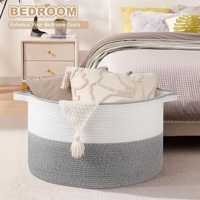 OIASKET XXL Large Blanket Basket with Handles, 105L Woven Storage Basket for Living Room, Cotton Rope Baby Toy Storage for Clothes, Pillows, Towels-Grey & White