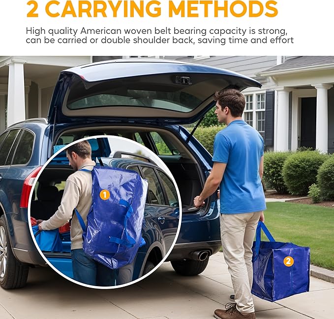 4 Pack Oversized Heavy Duty Moving Bags with Backpack Straps, Strong Handles & Zippers, Extra Large Storage Tote Moving Boxes for Space Saving, Blue