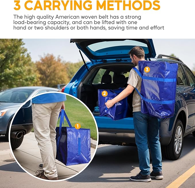 HealSmart 12 Pack Large Moving Bags with Zippers & Handles, Moving Supplies with lids, Heavy Duty Totes for Space Saving, Fold Flat, Moving and Storing, Blue