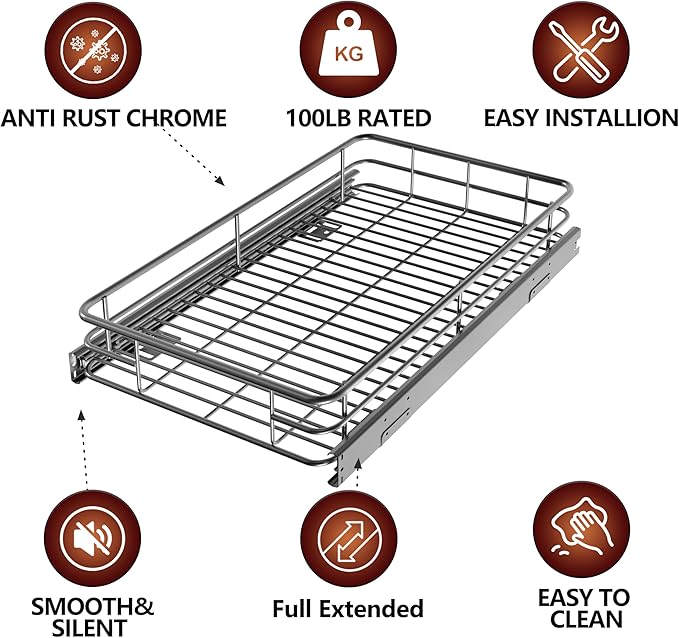 JOWBOOW Pull Out Cabinet Organizer (20.7" W x 21" D), Put Out Shelves for Kitchen Cabinets, Roll Out Drawers Heavy-Duty Metal Sliding Shelf, Bottom Mount