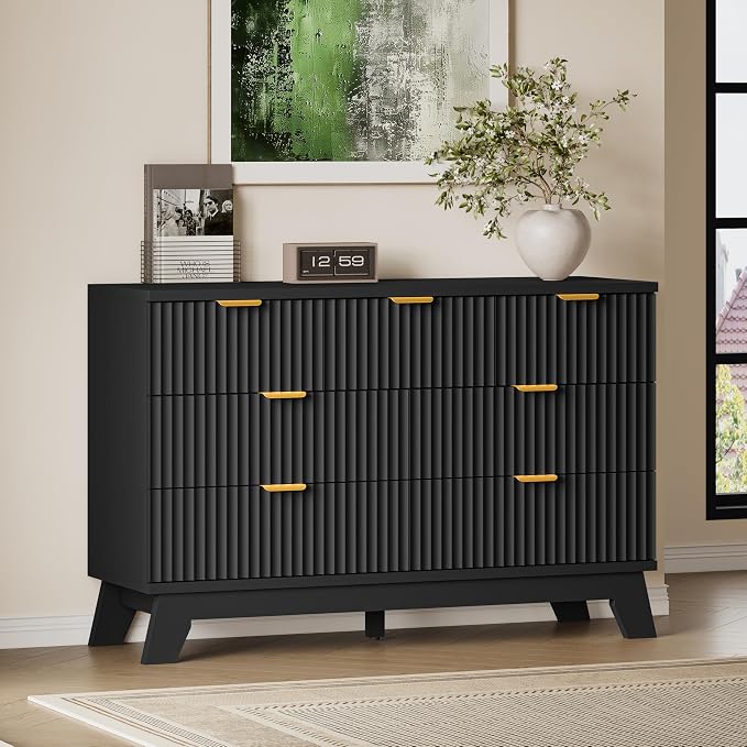 BORNOON Fluted 7 Drawer Dresser, 47.2" Wide Modern Boho Chest of Drawers, Wooden Storage Dresser TV Stand for Bedroom, Living Room, Closet, Hallway, Curved Profile Design