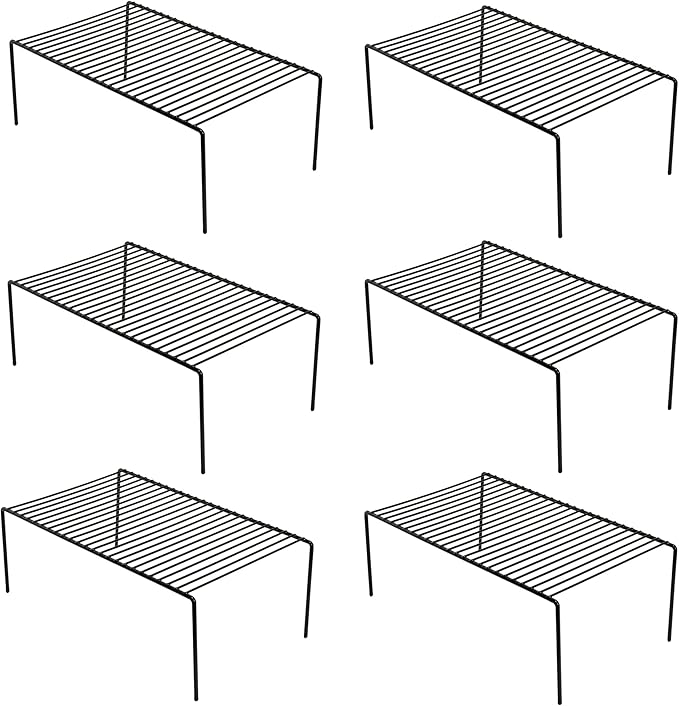 iPEGTOP Set of 6 Large (15.7 x 9.4 Inch) Kitchen Cupboard Organiser, Freezer Cabinet Storage Metal Shelf Wire Rack, Rustproof Steel Shelves for Fridge Pantries Countertops Utensils, Black