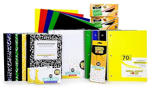 School Supply Boxes | Elementary Writing Pallet (112 Boxes) | Back to School Essentials Kit for Students & Teachers | Includes Wide-Ruled Filler Paper, Wide-Ruled Notebooks, 12 ct. Pens, & More