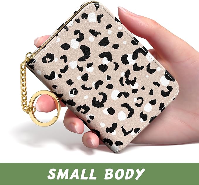 Aiawoxc Credit Card Holder, Small RFID Wallet Slim Leather Card Organizer Case with Zipper and Keychain, Beige Leopard Print
