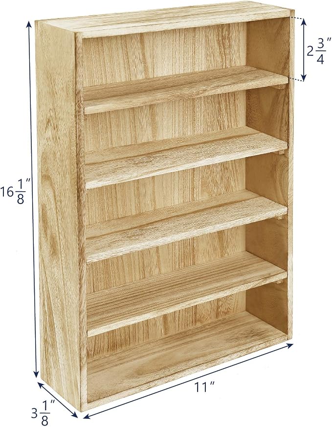 Ikee Design Wooden Wall-Mounted Display Shelves Rack for Collectibles-Figures,Shot Glasses, Spice Can,Cosmetics or Perfume-5 Adjustable Height Shelves,Space-Saving,Oak Color