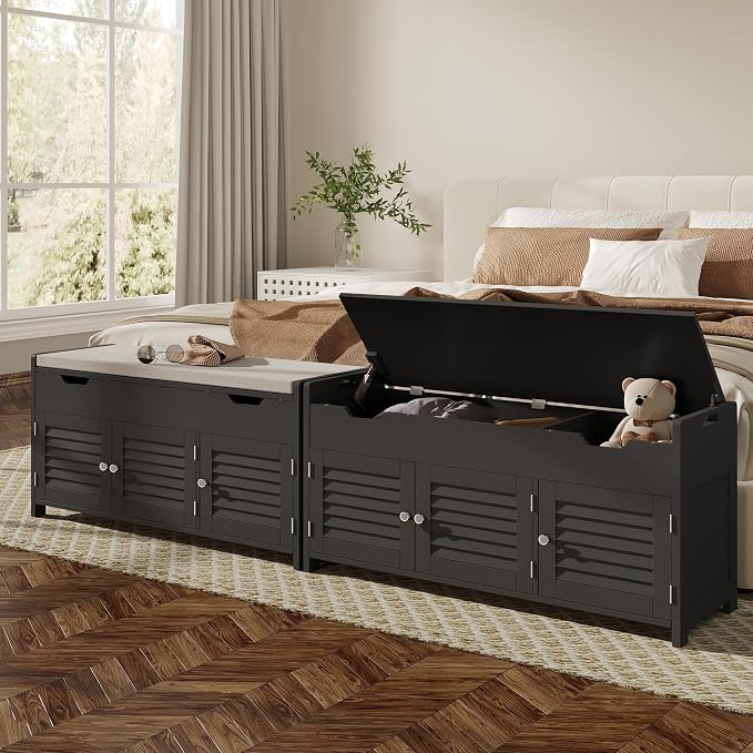 ChooChoo Shoe Storage Bench with Lift Top Storage & Cushioned Seats | 41.3" Entryway Bench with 3 Compartments & Adjustable Shelf, for Entryway, Black
