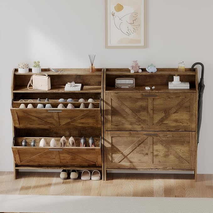 Mericonia Farmhouse Shoe Cabinet with 2 Flip Drawers, Shoes Storage Cabinet, Freestanding Shoe Rack Organizer for Entryway, Rustic Brown