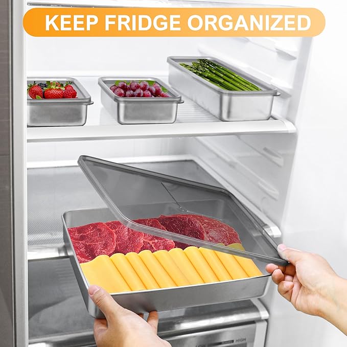Cheese Container for Refrigerator,Fridge Storage Container,Deli Container with Lid,Bacon Container for Fridge,Bacon holder for Refrigerator,304SS Food Storage Container