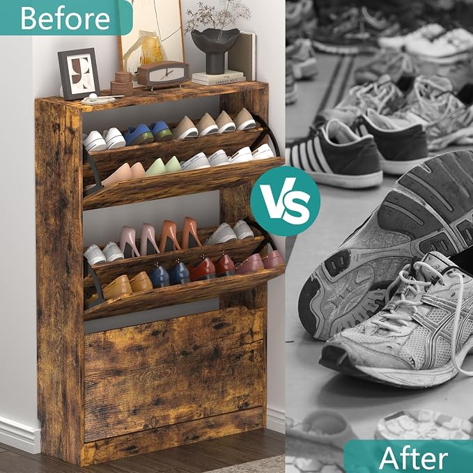 Wodeer Narrow Shoe Cabinet for Entryway, Slim Shoe Storage Cabinet with 3 Flip Drawers, Hidden Wood Shoe Cabinet Storage, Freestanding Shoe Rack Organizer Foyer, Hallway, Brown