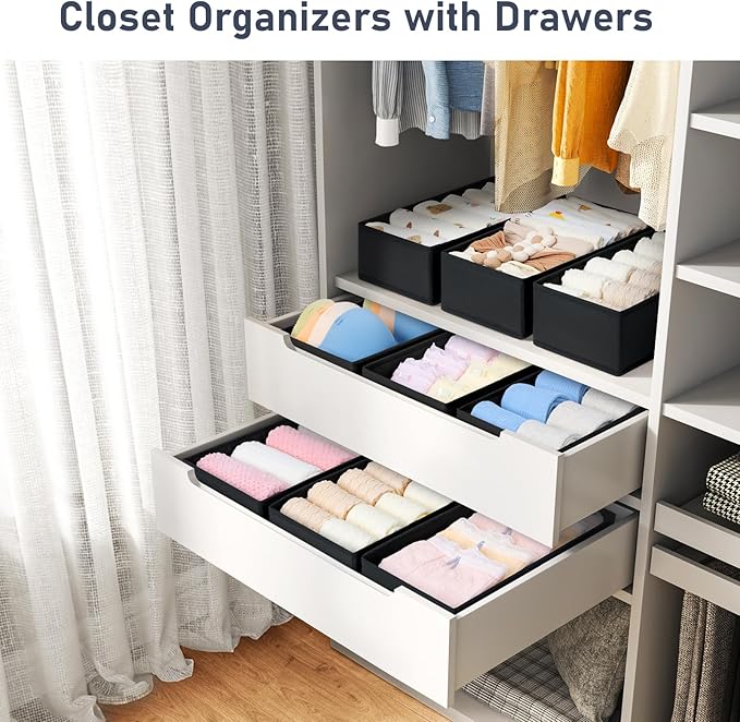DIMJ Drawer Organizer Clothes - Underwear Organizer Small Closet and Storage Box Dresser Organizer,Drawer Dividers for Baby Clothes,Bra,Socks, Belt, Tie, Set of 6,Black