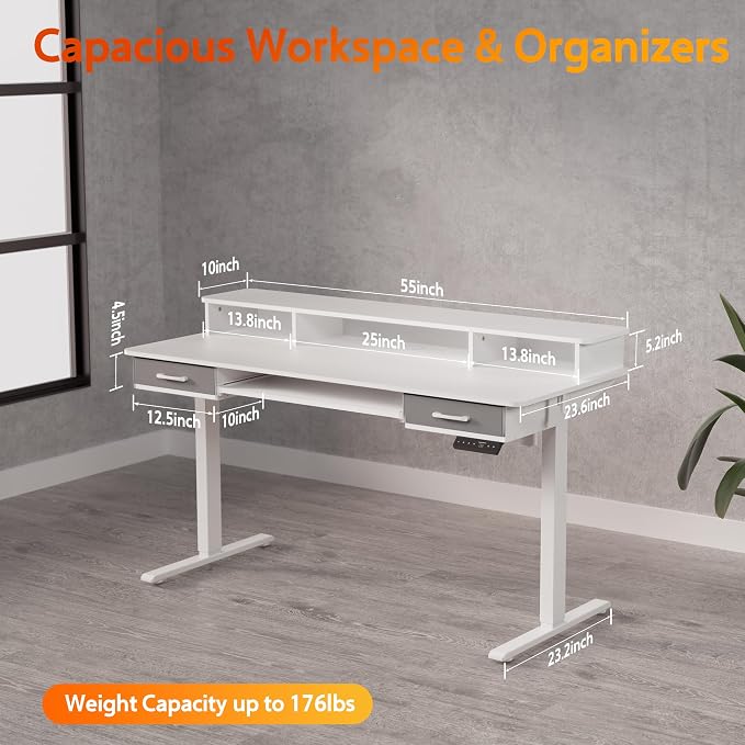WALKINGDESK 55 Inches Electric Standing Desk with Keyboard Tray, Height Adjustable Sit to Stand Table with 2 Drawers, Ergonomic Home Office Desk with Storage Shelf, Computer Table, White