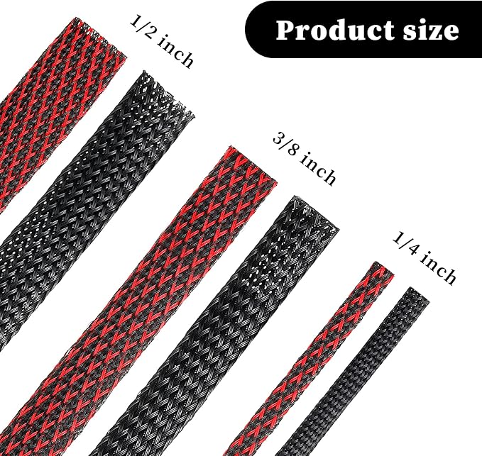 Xuniea 96ft Wire Loom Braided Cable Sleeve Covers Cord Management with 127 Pcs Tube Heat Shrinkable for Audio Video Cable Cord Protectors from Pets (1/2, 1/4, 3/8 Inch,Black and Red)