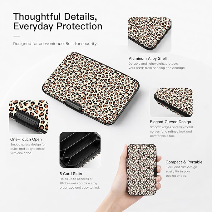 Credit Card Holder RFID Aluminum card case Leopard mini Wallet Women Men | ABS Business ID Case,Hard Case Large Capacity 6 Slots, Waterproof Durable ，Secure Closure Slim Small Credit Card Protector