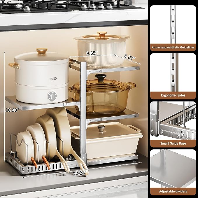PureBox Pots and Pans Organizer Rack with Lid Holder – 8 pots, 304 Solid Stainless Steel Shelves Heavy Duty Adjustable Under Cabinet Pot Rack, Double-Sided Cabinet Organizer,Silver