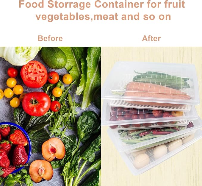 4PCS Food Storage Container, Plastic Food Containers Large | [With Removable Drain Plate and Lid], [Stackable Portable Freezer Storage Containers]-Tray to Keep Fruits, Vegetables, Meat