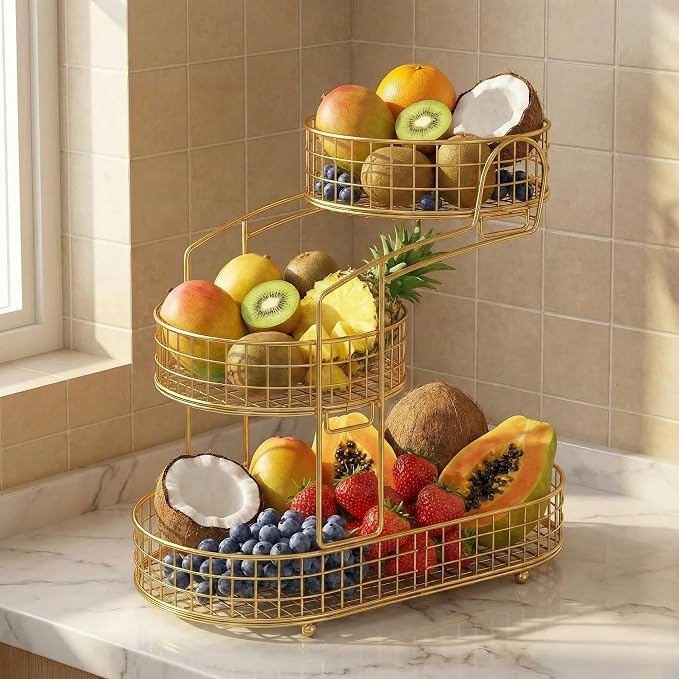 KMV Metal 3-Tier Fruit Basket Vegetable Storage Basket for Kitchen Counter, Detachable Organizer for Bread Snack Produce (Glod)