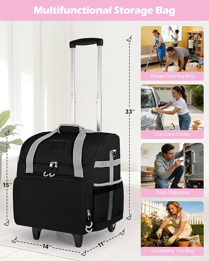 Marscamd Large Rolling Cleaning Caddy Bag with Detachable Trolley, Cleaning Supplies Organizer with Wheels for Housekeepers, Black
