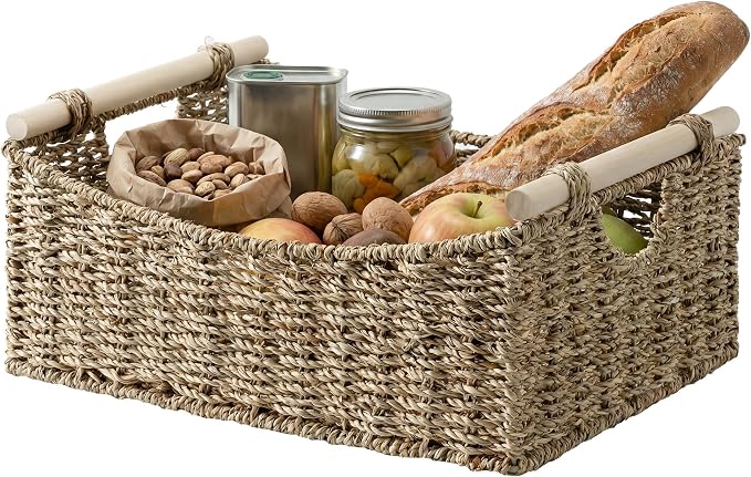 StorageWorks Large Wicker Baskets for Organizing, Seagrass Storage Baskets with Handles, Woven Baskets for Pantry Storage, 15" x 11" x 6¾", 1-Pack