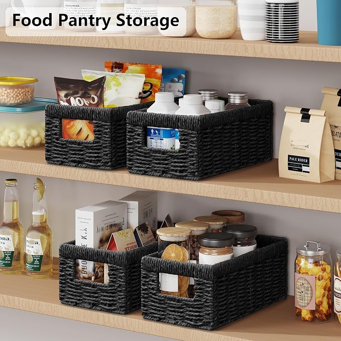 Vagusicc Wicker Storage Basket, Set of 2 Hand Woven Wicker Baskets for Organizing with Handles, Decorative Small Storage Bins for Countertop Toilet Paper Basket for Toilet Tank Top, Shelves, Black