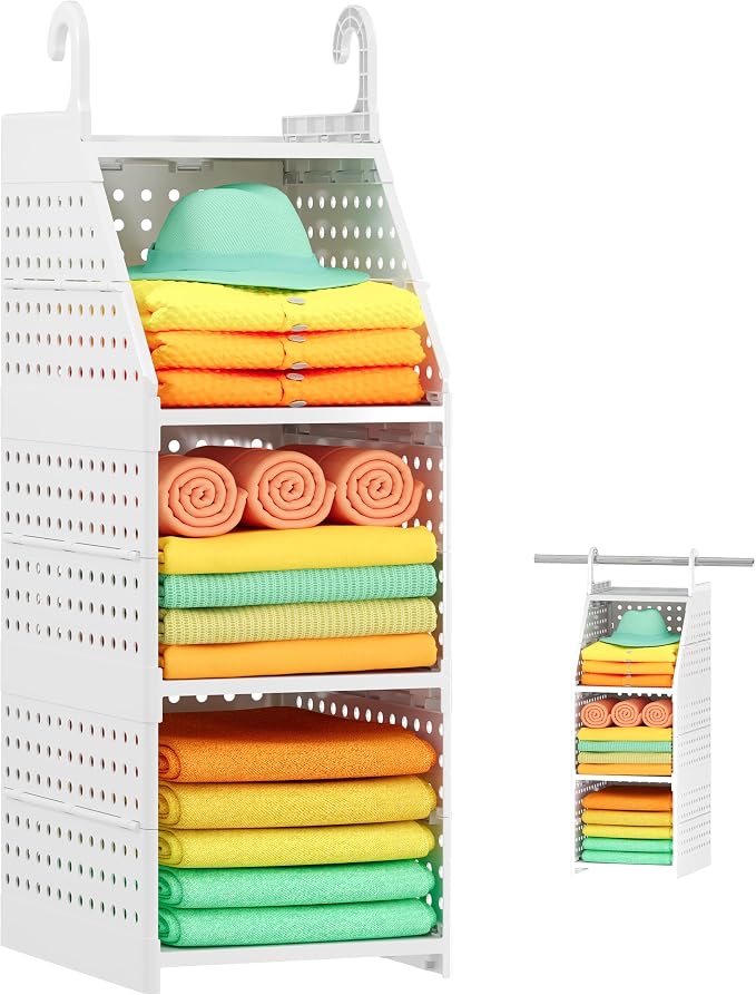 Honkazita 3-Tier Foldable Hanging Closet Organizer, Free-Standing | Closet Hanging Organizer for Wardrobe, Laundry Room, Plastic Hanging Closet Shelves for Clothes, Handbags, Accessories (White)