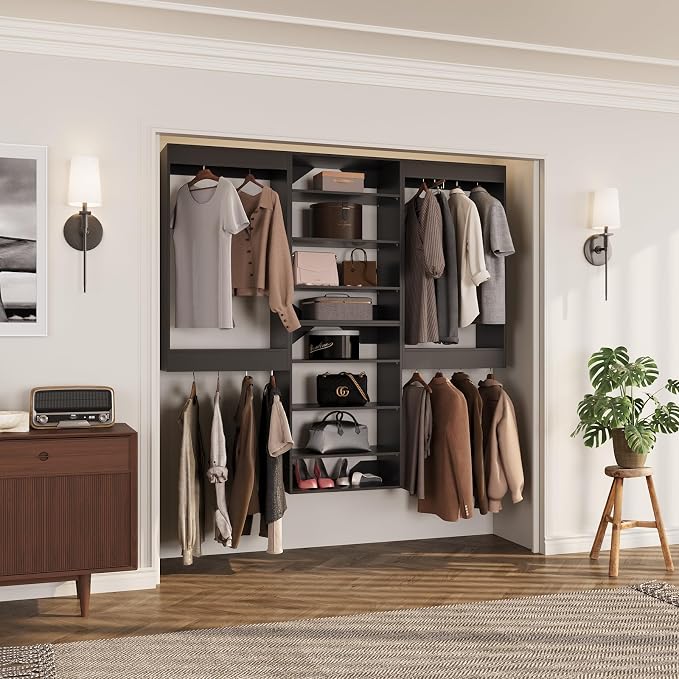 ROOMTEC Modular Closet System, 96" Wall-Mounted Closet Organizer with Hanging Rods and Shelves, Wooden Tower for Walk-In Closets, Wardrobe Storage Kit, Black