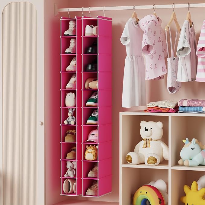MAX Houser 2 Pack 10-Shelf Hanging Shoe Shelf Organizer, Hanging Shoe Storage for Closet, Slim Hanging Closet Organizer,10-Tier Narrow Hanging Storage Shelves Closet Room-Pink