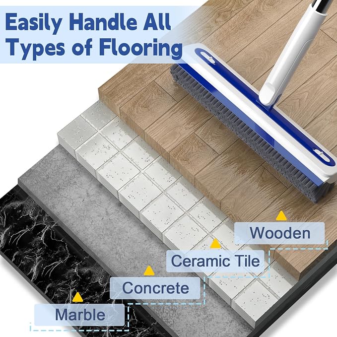 4-in-1 Floor Scrub Brush with Long Handle V-Shaped Crevice Brush Floor Scrubber Mop with Squeegee and Tweezer for Cleaning Gap Tile Bathroom Kitchen Patio Deck Garage