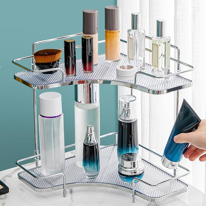 Seoneiro 2 Tier Corner Bathroom Counter Organizer, Cosmetic Skincare Organizer, Bathroom Countertop Perfume Tray Vanity Organizer, Kitchen Spice Corner Storage Shelf