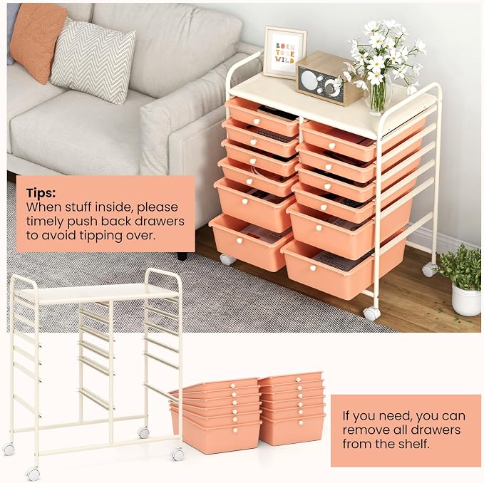 Moccha 12-Drawer Rolling Storage Cart - Utility Cart on Wheels with Lockable Casters for Craft Art Supply Paper Salon, Mobile Drawer Carts for Classroom Teacher School Office (Peach)