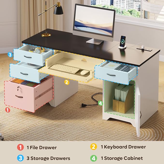 Bestier 59” Office Desk with Lockable Drawers, Modern Computer Desk with File Drawer, Charging Station & Drop-Front Keyboard Drawer, Executive Desk with Storage Cabinet for Home Office & Studio, White