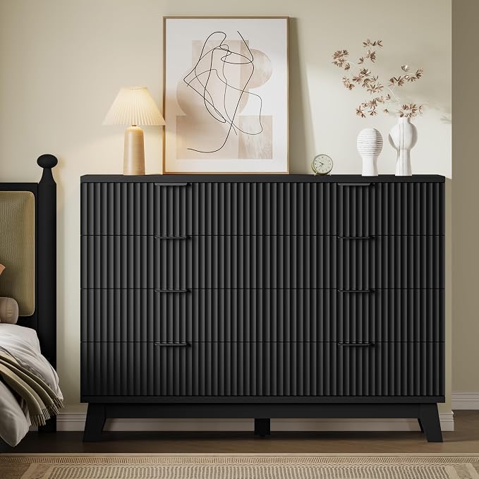 BORNOON 53" Wide Dresser for Bedroom, 8-Drawer Fluted Chest of Drawers, Modern Wood Highboy with Metal Slides and Handles, Anti-Tip Kit, Vertical Clothes Storage Organizer for Apartment, Closet