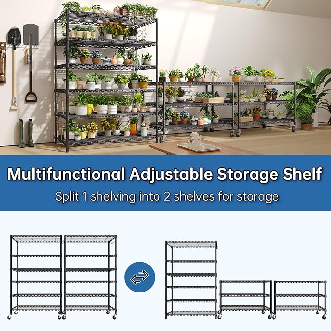 79''H Wire Shelving 1500lbs 6 Tier Storage Shelves with Wheels NSF Certified Heavy Duty Steel Metal Shelf Adjustable Rolling Rack Kitchen Garage Closet Pantry Laundry 36" Wx16 Dx79 H