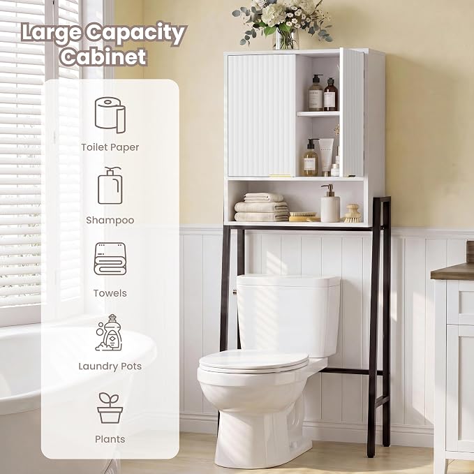 25" W Over The Toilet Storage Cabinet with Fluted Door,Bathroom Organizers and Storage with Adjustable Shelves, Modern Over Toilet Organizer for Bathroom,Restroom,Laundry,White