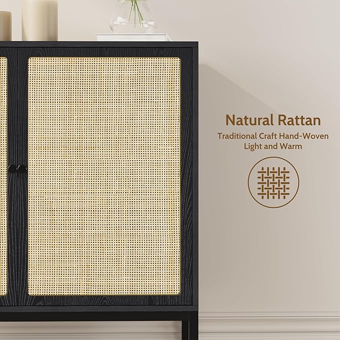 Yechen Set of 2 63" Sideboard Cabinet with Natural Rattan Doors, Buffet Console & Accent Cabinet, Rattan Credenza Storage with Metal Legs for Living Room, Kitchen, Dining Room/Black+Nautural