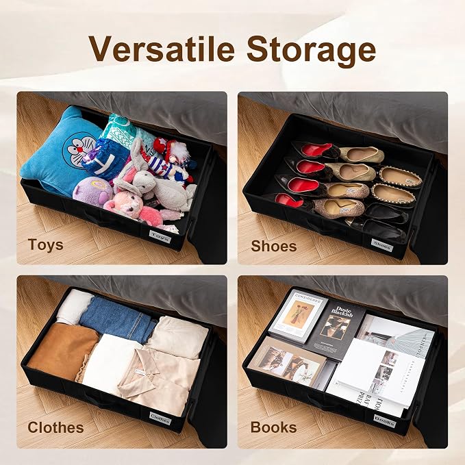Vincona Under Bed Storage with Wheels, 2 Pack Under Bed Storage Containers with Label Holders for Clothes, Shoes and Blankets, Rolling Underbed Shoe Organizer with Cover, Black (23.6 x 15.7 x 7.28 in)