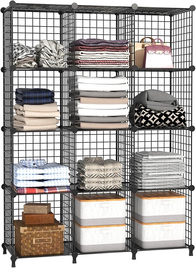 AWTATOS Wire Cube Storage, Closet Organizer, 12 Cube Storage Shelf, Black | Metal Cube Storage Shelves Bookshelf, Portable Closet Clothes Organizer, Wire Shelving for Bedroom, Home, Office