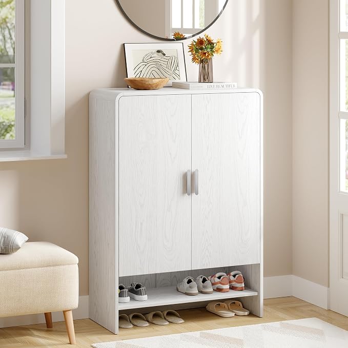 ONBRILL 6-Tier Shoe Storage Cabinet, 45'' Large Farmhouse Shoe Cabinet for Entryway, Modern Wooden Shoe Rack Organizer with Doors and Shelves, for Front Door Hallway (White)