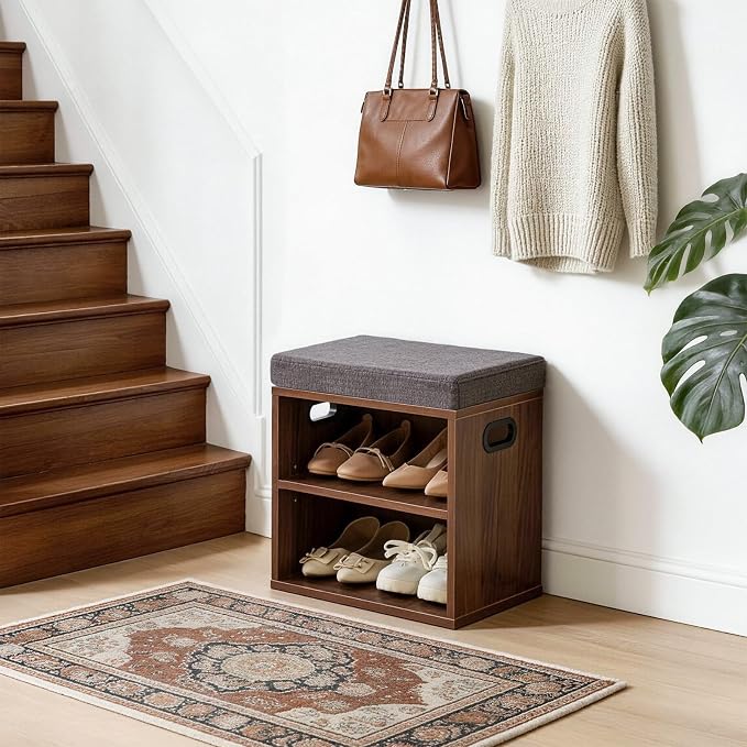 YMYNY Small Shoe Storage Bench with Cushion, Light Walnut, HBD028LW | 2 Tier Entryway Bench with Storage, Small Shoe Rack Bench with Adjustable Shelf for Entryway 11 x 15.3 x 16.5 Inches