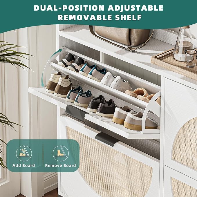 Flip Drawer Shoe Cabinet, Slim Narrow Entryway Storage Furniture with Hidden Flip-Open Organizer, Engineered Wood & Veneer Construction, 4 Drawer, White