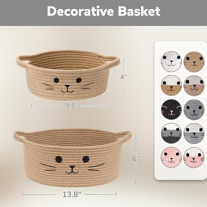 13.8" x 6" Cat Toy Basket, Woven Basket for Living Room Home Décor, Medium Empty Gift Baskets for Nursery, Cotton Rope Baskets for Cats Bed, Grey