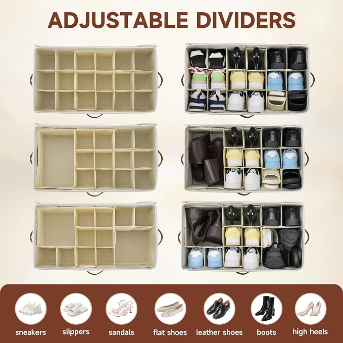 2-Pack Extra Large Shoe Organizer for Closet, Foldable Shoe Storage Container with Adjustable Dividers & Clear Lid, Holds Up to 18 Pairs, Space-Saving Shoe Boxes, White