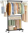 Standard Clothes Rack, Rolling 50“L Clothing Garment Rack with Mesh Shelves on Wheels, Adjustable Portable Wardrobe Rack for Bedroom, Laundry Room, Black