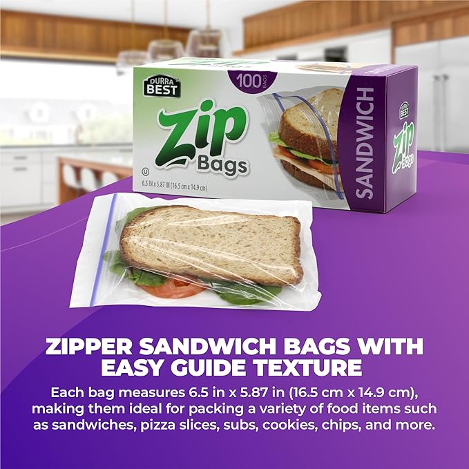 Sandwich Zip Bags - 400 Count | Leak-Resistant, Freezer Safe Food Storage Bags | BPA-Free Durable Resealable Zip Seal for Sandwiches, Meal Prep, Fruits & Food Storage | DURRA BEST