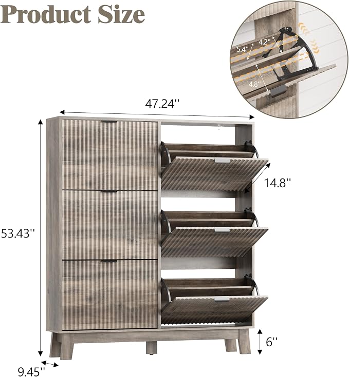HUANLEGO Shoe Cabinet Storage for Entryway with 6 Flip Drawers, Fluted Narrow Shoe Organizer with Wooden Legs, Freestanding Slim Shoe Storage Hidden Shoe Rack Organizer for Front Door Entrance, Grey