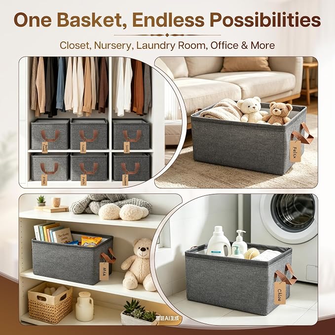 15" Long Fabric Storage Bins 6 Pack, with Handles for Shelves | Collapsible closet organizer bins, sturdy metal frame, 12 labels + twine, for clothes, toys, shelves.