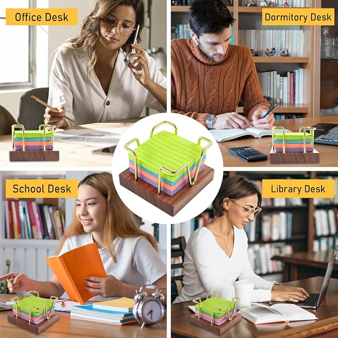 Buqoo Walnut Wood and Gold Metal Sticky Note Holder | Walnut Wood and Gold Metal Wire Self Stick Note Pad Holder Dispenser for School Home Office Desk Accessories Supplies